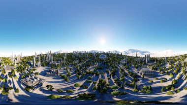 360 derece. fütüristik şehir, kasaba. Gelecek mimarisi. Havadan görünümü. 3D render. küresel panorama