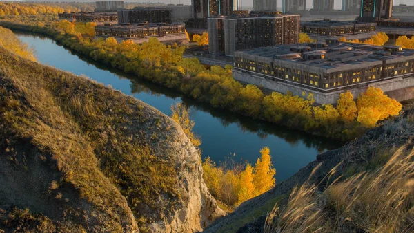 futuristic building on a sunny valley, landscape. future architecture. futuristic town, city. 3d rendering.