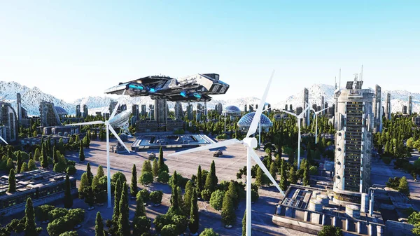 Ruimteschip in een futuristische stad, stad. Het concept van de toekomst. Luchtfoto. 3D-rendering. — Stockfoto