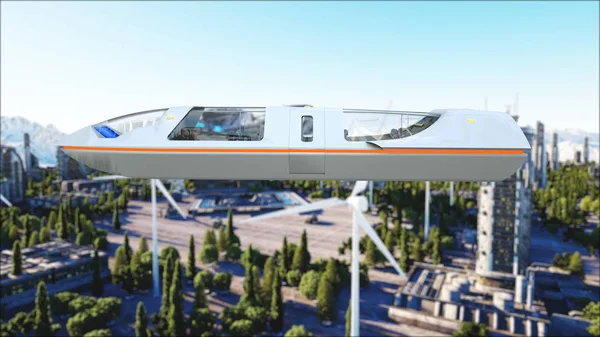Autobús futurista de pasajeros volando sobre la ciudad, ciudad. Transporte del futuro. renderizado 3d . — Foto de Stock