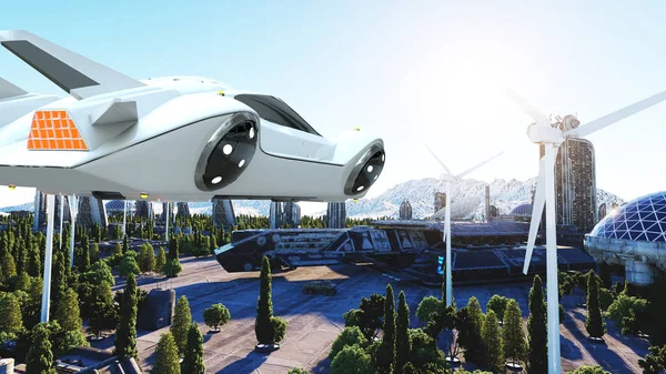 Un auto futurista sobrevolando la ciudad. Transporte del futuro. Vista aérea. renderizado 3d . — Foto de Stock