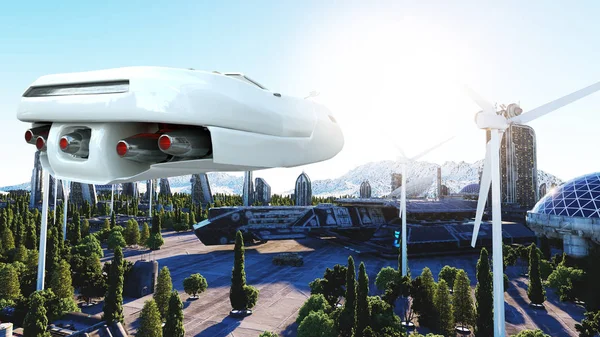 Un auto futurista sobrevolando la ciudad. Transporte del futuro. Vista aérea. renderizado 3d . — Foto de Stock