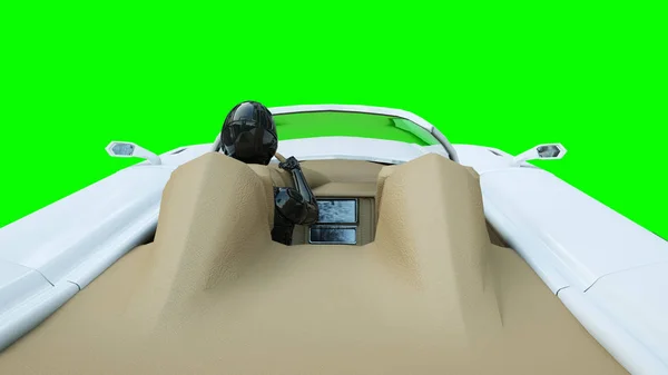 Futuristisches fliegendes Auto mit Frau. Transport der Zukunft. isoliert. 3D-Darstellung. — Stockfoto