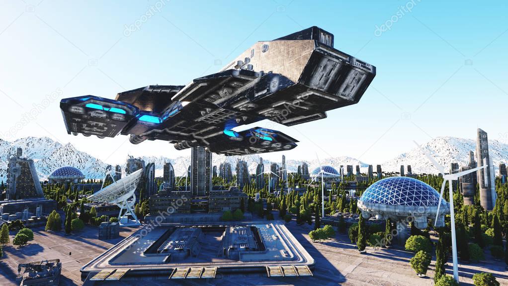 spaceship in a futuristic city, town. The concept of the future. Aerial view. 3d rendering.