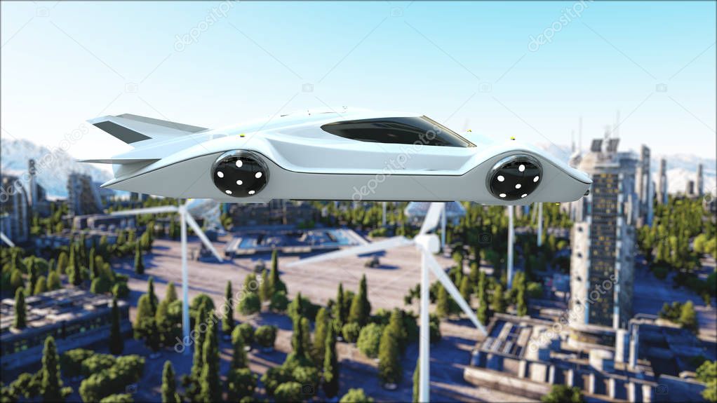 futuristic car flying over the city, town. Transport of the future. Aerial view. 3d rendering.