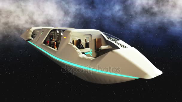 Futuristische passagier bus vliegen in de ruimte. Vervoer van de toekomst. realistische 4 k-animatie. — Stockvideo