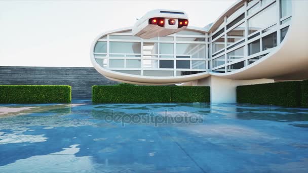 Casa del futuro. Futuristica macchina volante con donna. Animazione 4K super realistica . — Video Stock