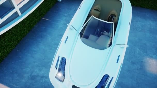 Huis van de toekomst. Futuristische vliegende auto met vrouw. Super realistische 4k animatie. — Stockvideo
