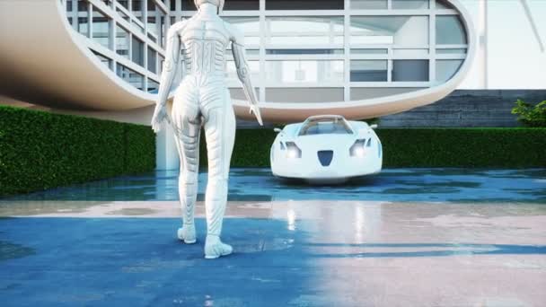 House of future. Futuristic flying car with walking woman. Super realistic 4K animation. — Stock Video