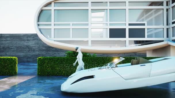 Geleceğin ev. Yürüyen kadın ile fütüristik uçan araba. Süper gerçekçi 4k animasyon. — Stok video