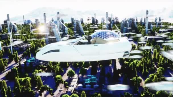 Vrouw in futuristische auto vliegen over de stad, stad. Concept van de toekomst. Luchtfoto. Super realistische 4k animatie. — Stockvideo