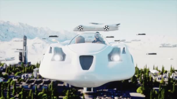 Nő a futurisztikus autó repül a város felett város. Koncepciót a jövő. Légifelvételek. Super reális 4k animáció. — Stock videók