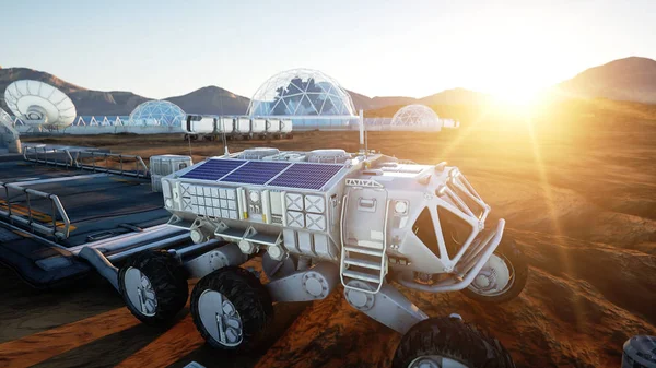 Mars expedition transport, mars rover. Base on alien planet. 3d rendering.