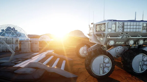 Mars expedition transport, mars rover. Base on alien planet. 3d rendering.