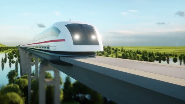 Train futuriste et moderne passant sur le mono-rail. Concept d'avenir écologique. Vue aérienne sur la nature. animation 4K photoréaliste . — Video