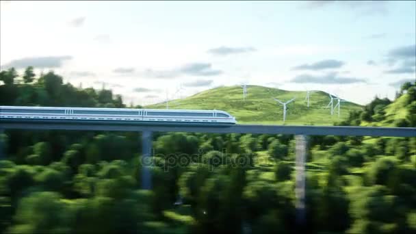 Футуристический, современный поезд, проходящий по монорельсам. Экологическая концепция будущего. Вид с воздуха. фотокопическая 4K анимация . — стоковое видео