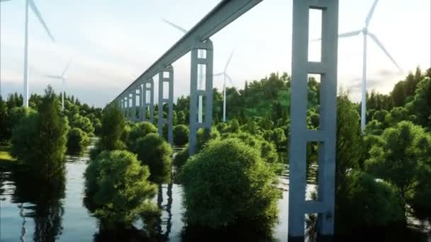 Treno moderno e futuristico che passa sulla monorotaia. Concetto futuro ecologico. Vista aerea sulla natura. animazione 4K fotorealistica . — Video Stock