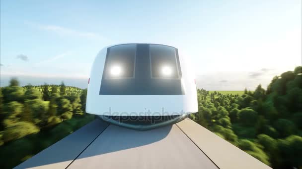 Futuristisch, modern trein mono spoor doorgeven. Ecologische toekomst concept. Luchtfoto natuur weergave. fotorealistische 4 k-animatie. — Stockvideo