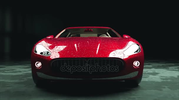 Lujoso coche deportivo rojo con gotas de agua. animación fotorrealista 4K . — Vídeos de Stock