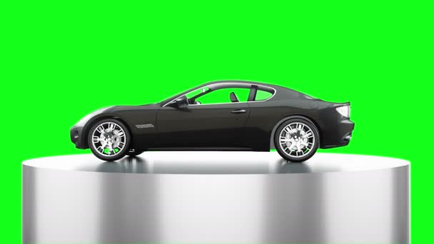 豪华黑色跑车隔离绿色屏幕上。真实感 4 k 动画. — 图库视频影像