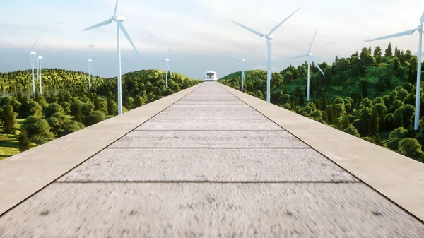 Futurista, trem moderno que passa no monotrilho. Conceito de futuro ecológico. Vista da natureza aérea. Renderização 3d . — Fotografia de Stock