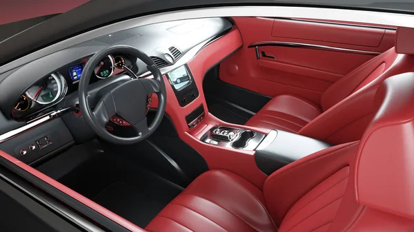 Interior de couro vermelho de luxo carro esporte preto. renderização 3d realista . — Fotografia de Stock