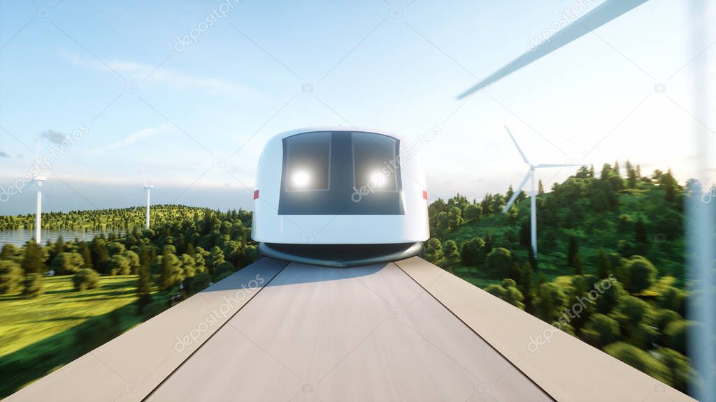 futuristic, modern train passing on mono rail. Ecological future concept. Aerial nature view. 3d rendering.
