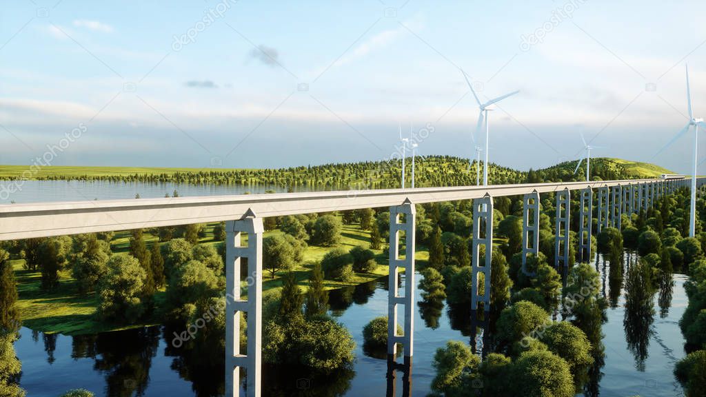 futuristic, modern train passing on mono rail. Ecological future concept. Aerial nature view. 3d rendering.