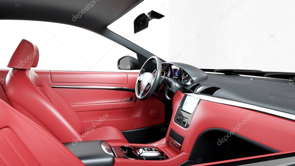 red leather interior of luxury black sport car . isolate 3d rendering.