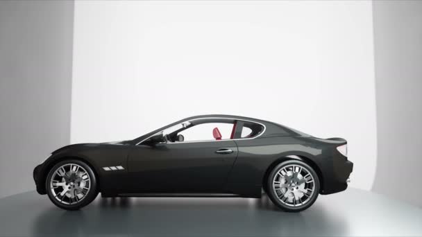 Розкішний чорний спортивний автомобіль з червоною шкірою. Реалістична анімація 4K . — стокове відео