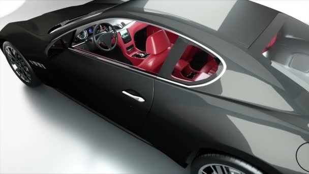 Lujoso coche deportivo negro con interior de cuero rojo. Animación realista 4K . — Vídeo de stock