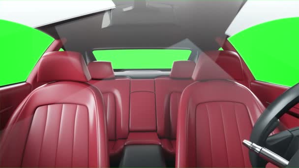 Rood lederen interieur van luxe zwarte sport auto. Groen scherm beeldmateriaal. realistische 4 k-animatie. — Stockvideo
