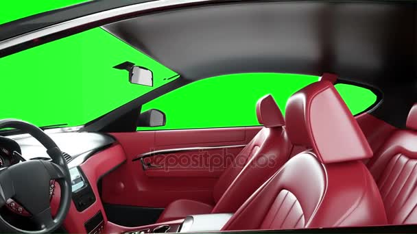 Intérieur en cuir rouge de voiture sport noire de luxe. Images de l'écran vert. animation 4K réaliste . — Video