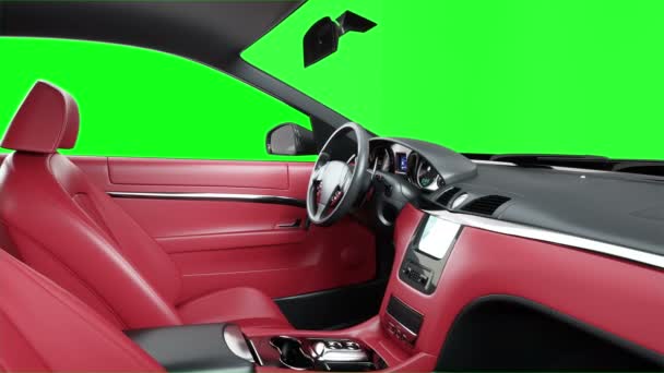 Intérieur en cuir rouge de voiture sport noire de luxe. Images de l'écran vert. animation 4K réaliste . — Video