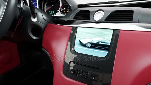 Interior de couro vermelho de luxo carro esporte preto. Imagens do ecrã verde. animação 4K realista . — Vídeo de Stock