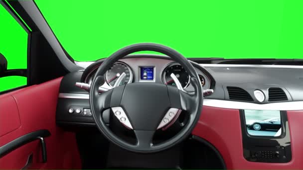 Interior de cuero rojo de lujo coche deportivo negro. Imágenes de pantalla verde. animación 4K realista . — Vídeo de stock