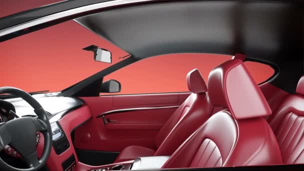 Interieur aus rotem Leder eines schwarzen Luxussportwagens. realistische 4k-Animation. — Stockvideo