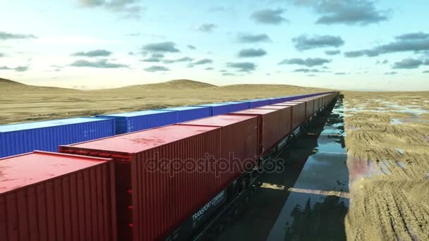 Treno merci con container. Concetto logico. Animazione cinematografica 4k realistica . — Video Stock