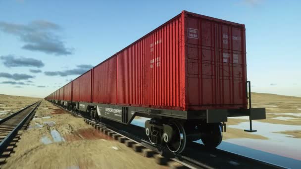 Treno merci con container. Concetto logico. Animazione cinematografica 4k realistica . — Video Stock