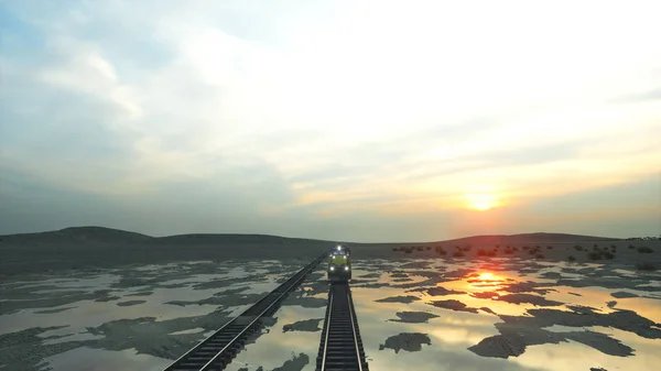 Yük treni kargo konteyner ile. Sunrise karşı. 3D render. — Stok fotoğraf