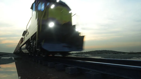 Вантажний поїзд з вантажними контейнерами. Проти сходу сонця. 3D візуалізація . — стокове фото