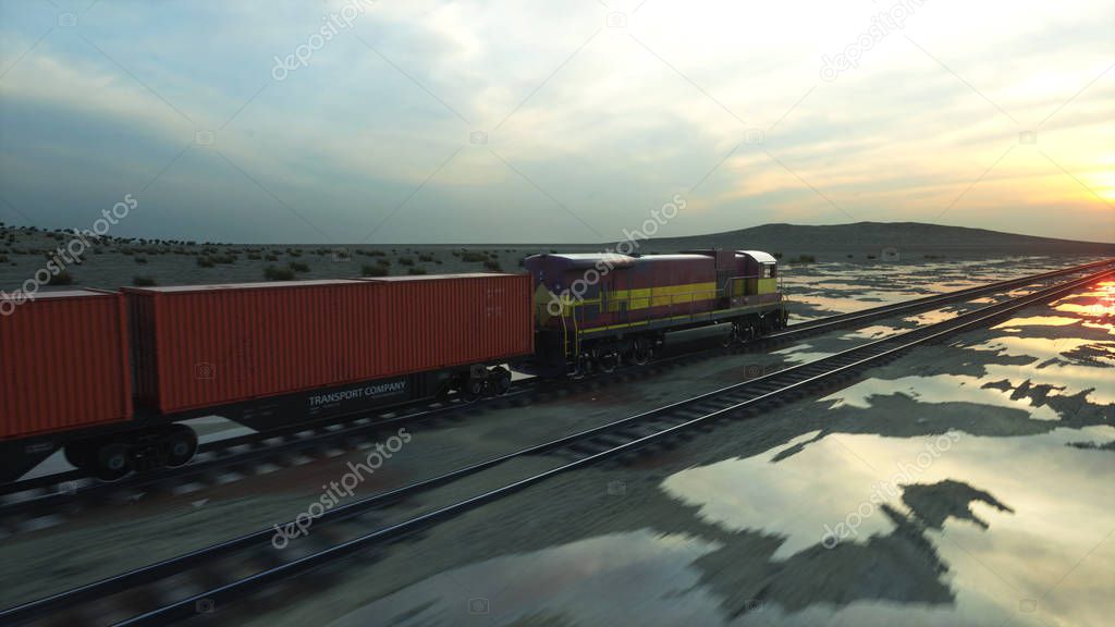 Freight train with cargo containers. Against Sunrise. 3d rendering.