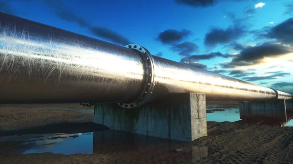 Pipeline Transport von Öl, Erdgas oder Wasser in Metallrohren. Öl-Konzept. 3D-Darstellung. — Stockfoto