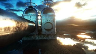 petrol, gaz vanası kapatın. Çölde boru hattı. Petrol kavramı. Gerçekçi sinema 4k animasyon.
