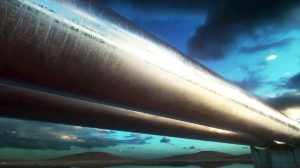 Óleo de transporte de oleoduto, gás natural ou água em tubo de metal. Conceito de petróleo. Animação cinematográfica realista 4K . — Vídeo de Stock
