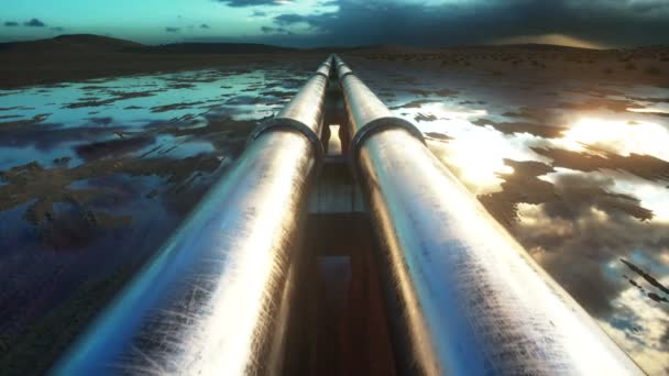 Transport par pipeline pétrole, gaz naturel ou eau dans des tuyaux métalliques. Concept d'huile. Animation cinématographique réaliste 4K . — Video