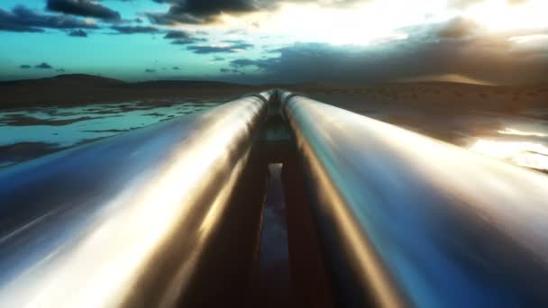 Transport par pipeline pétrole, gaz naturel ou eau dans des tuyaux métalliques. Concept d'huile. Animation cinématographique réaliste 4K . — Video