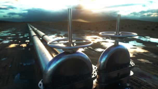 Fechar óleo, válvula de gás. Pipeline no deserto. Conceito de petróleo. Animação 4k cinematográfica realista . — Vídeo de Stock