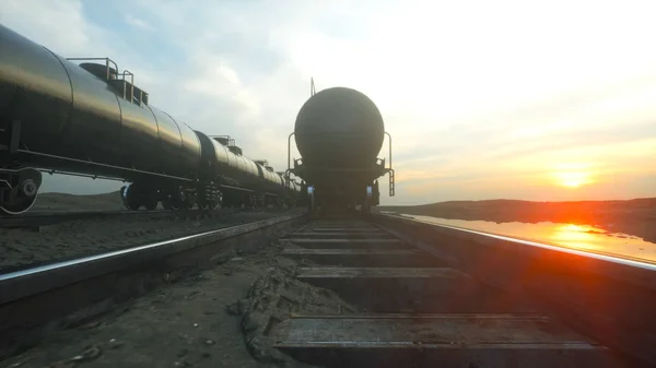 Yük treni petrol tankerleri. Sunrise karşı. 3D render. — Stok fotoğraf