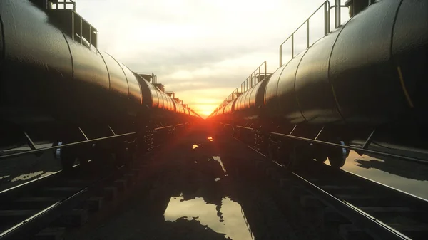 Tehervonat olajszállító tartályhajók. Ellen Sunrise. 3D-leképezés. — Stock Fotó
